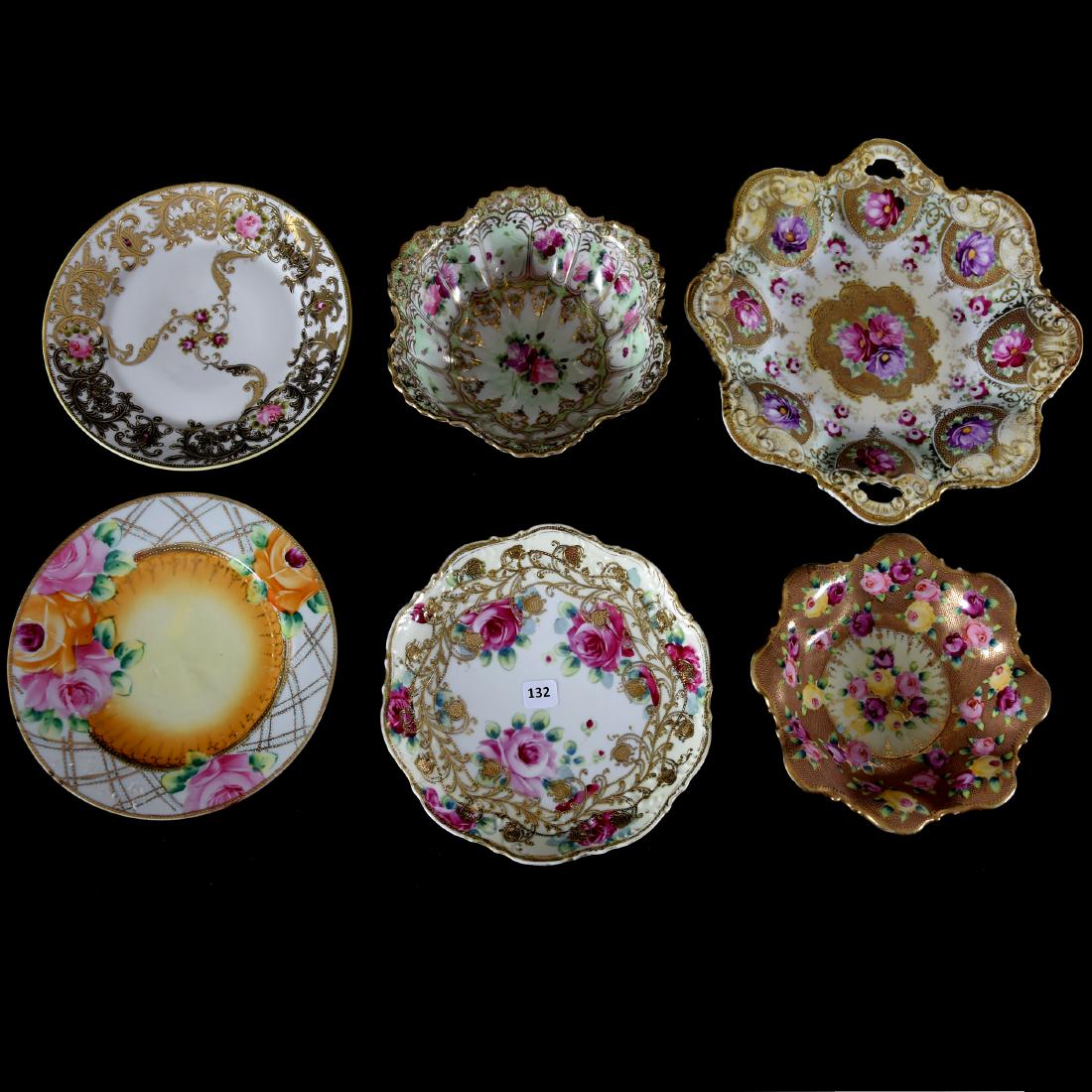 (6) Nippon Items, Floral Decor & Heavy Gold: (6) Nippon Items with Floral Decor & Heavy Gold; (1) 11" Cake Plate, Unmarked; (3) 8.5" Plates, Marked; (1) 7.5" Bowl, Marked Wheelock Japan; (1) 7.5" Footed Nut Bowl, Marked