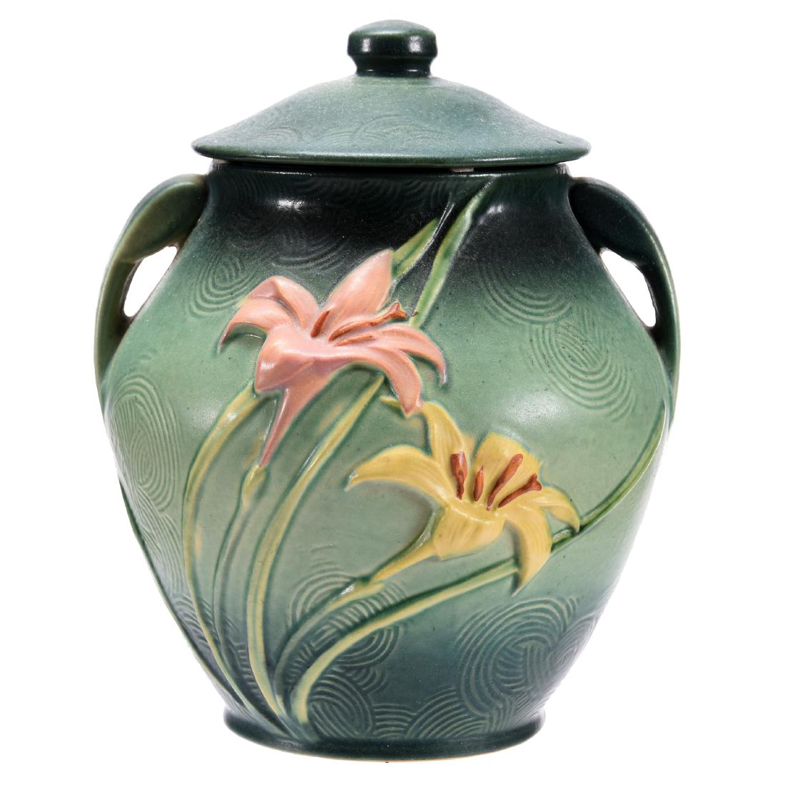Roseville Art Pottery Cookie Jar #5: Roseville Art Pottery Cookie Jar #5,8", Zephyr Lily Pattern, Green Tones, Very Nice