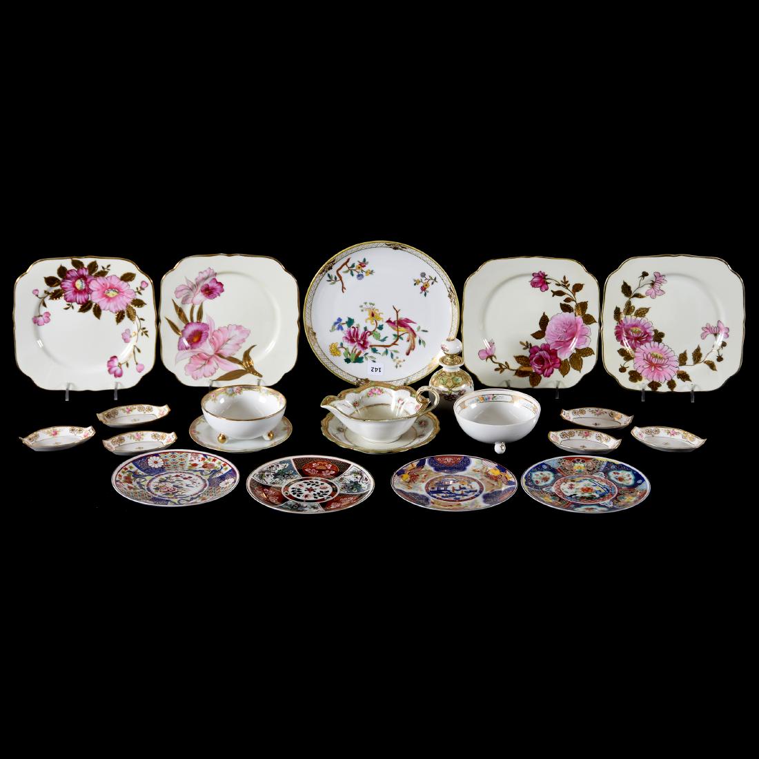 (18) Assorted Nippon & Nippon Style Items: (18) Assorted Nippon & Nippon Style Items; (4) Square 7.5" Dessert Plates Marked Occupied Japan; (1) 8.5" Nippon Plate with Tropical Bird Decor; (6) Nippon Salt Dips; (4) Chinese Polychromatic 6.5" Pl