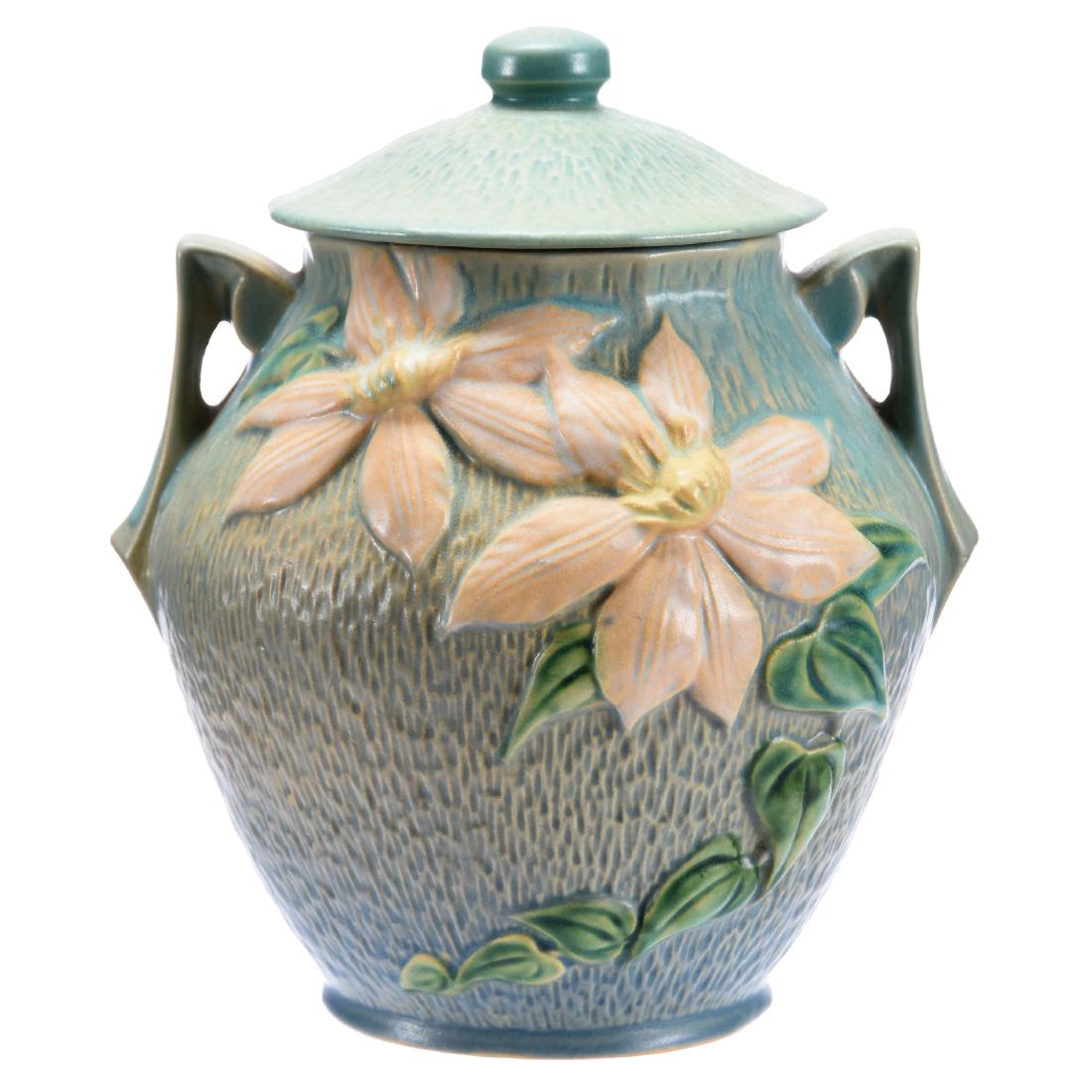 Roseville Art Pottery Cookie Jar #3: Roseville Art Pottery Cookie Jar #3,8", Clematis Pattern, Light Green / Blue Tones, Very Nice