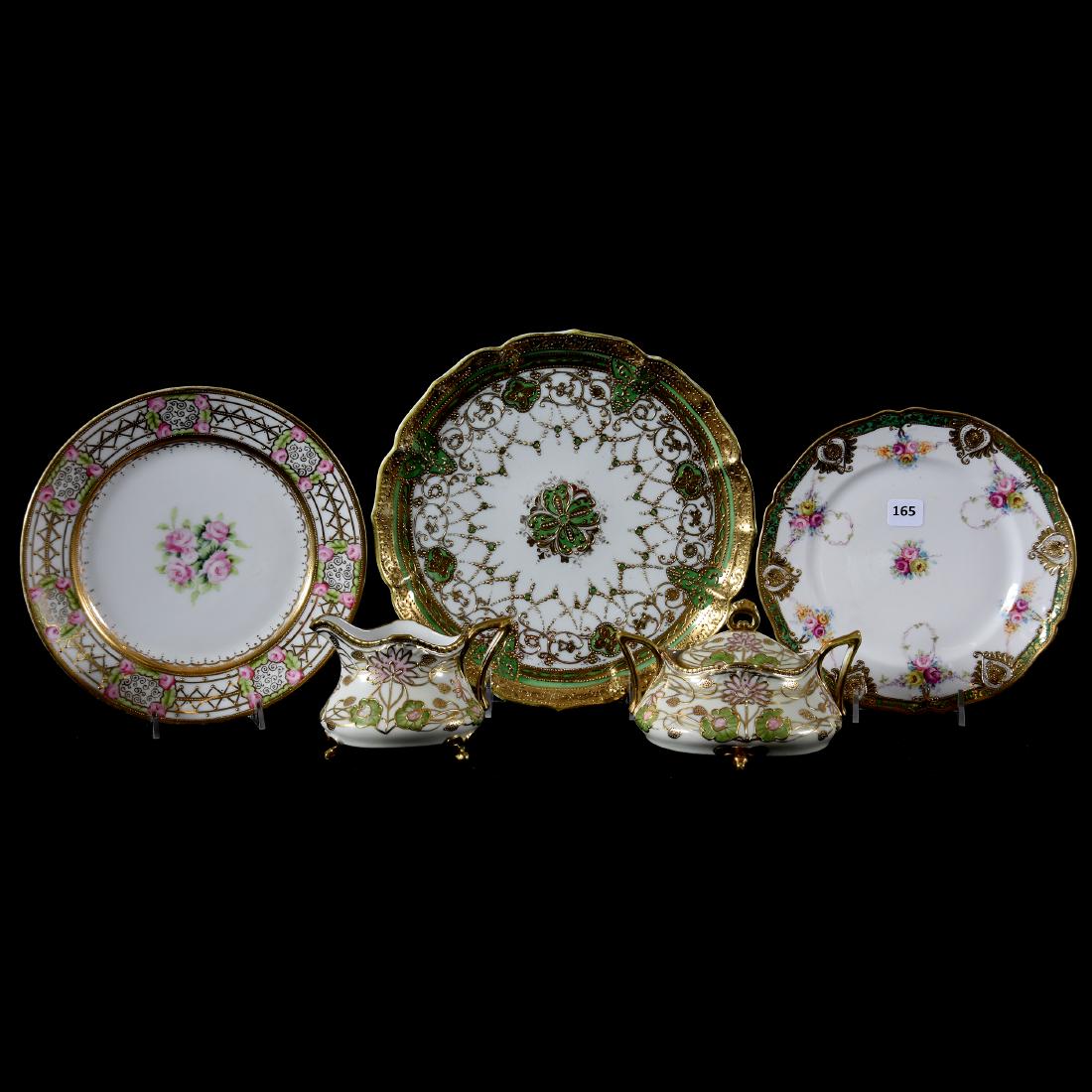 (5) Nippon Floral Items, Green Trim: (5) Nippon Floral Items with Green Trim; (1) 9.75" Plate; (1) 8.5" Plate; (1) 7.75" Plate; (1) Creamer & Sugar Set, Oval, All Items Are Marked Nippon