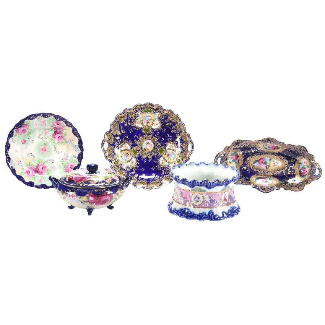(5) Nippon Cobalt Blue & Floral Items: (5) Nippon Cobalt Blue and Floral Items; (1) 11.75" Celery Tray, Unmarked; (1) 10.5" Cake Plate, Marked; (1) 8.5" Plate, Unmarked; (1) 7.5" Ferner, Unmarked; (1) 7" Footed Cracker Jar, Marked Japan, I
