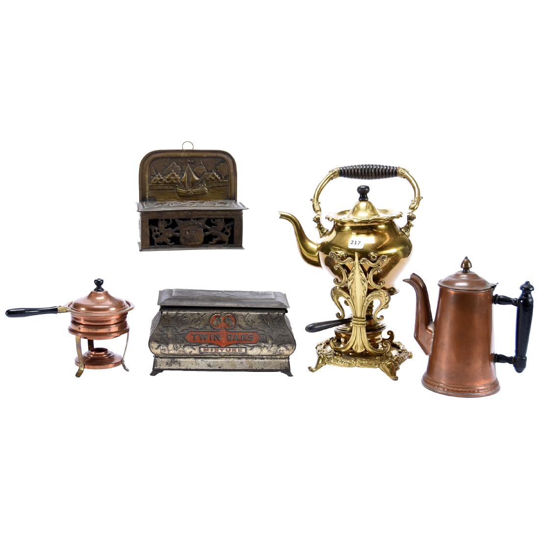 (5) Assorted Metal Items: (5) Assorted Metal Items; (1) 11" Solid Brass Teapot on Stand with Warmer; (1) 7.5" Copper Pot with Ebony Wood Handle; (1) 5.5" Copper Skillet on Stand; (1) 8.5" "Twin Oak" Advertising Tin Tobacco Hum