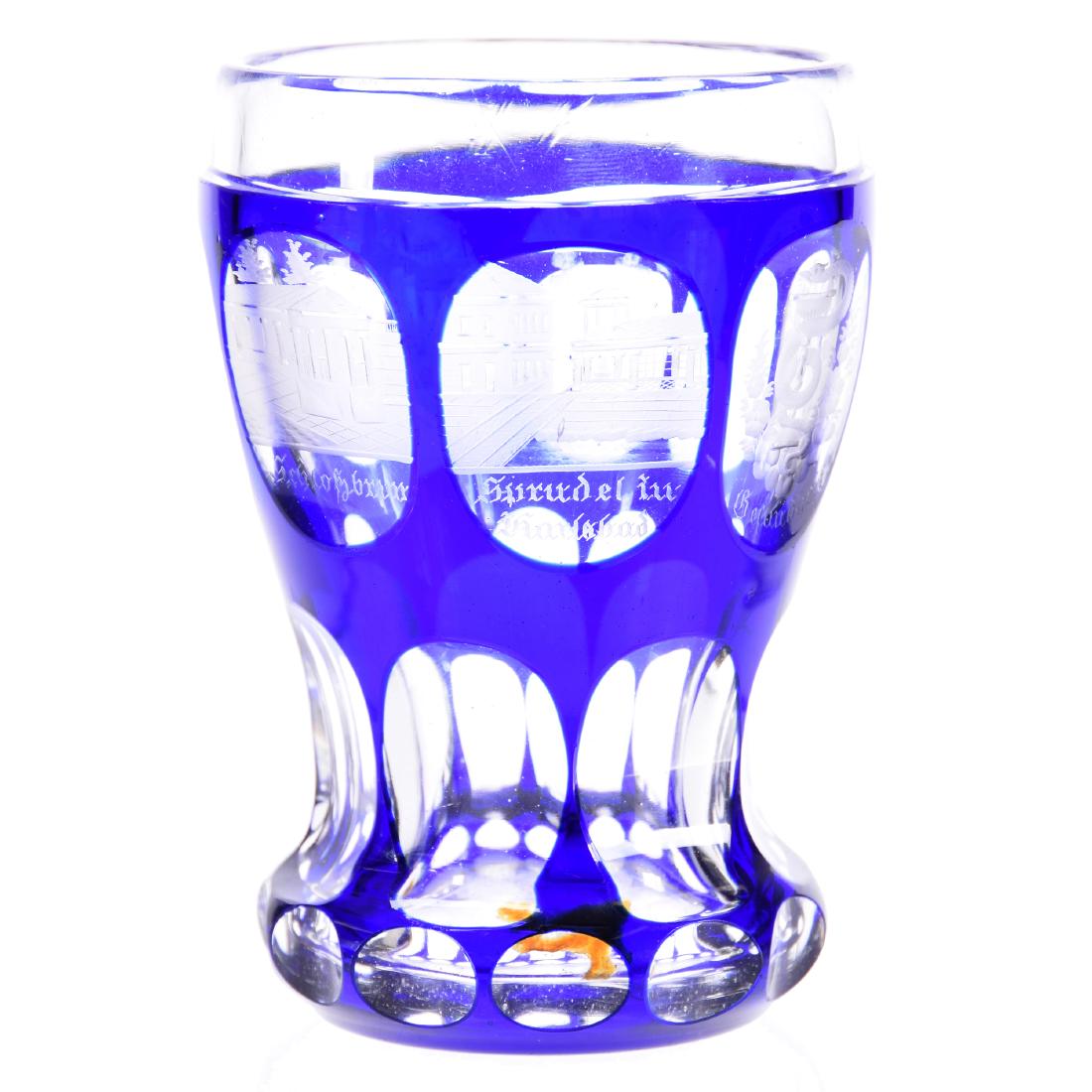 Bohemian Blue Cut to Clear Beaker: Bohemian Blue Cut to Clear Beaker, 5.25" Medallion Scenes of Floral, Music, and Buildings