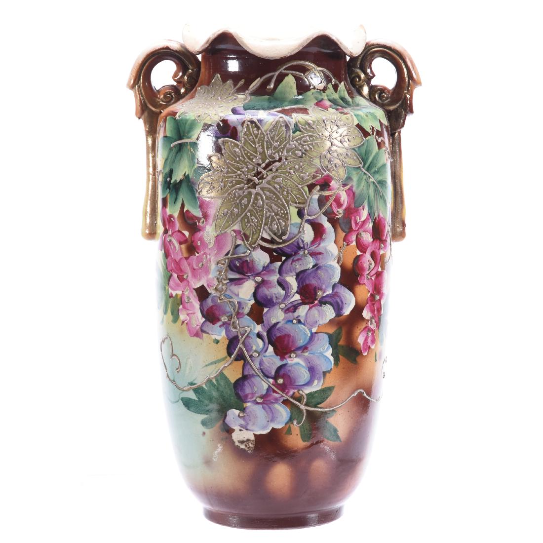 Nippon Style Two-Handled Vase: Nippon Style Two-Handled Vase, 14.5", Brown, Green and Yellow Tones with Floral Decor, Ruffled Rim, Ink Stamp Maker's Mark on Base, Unable to Read