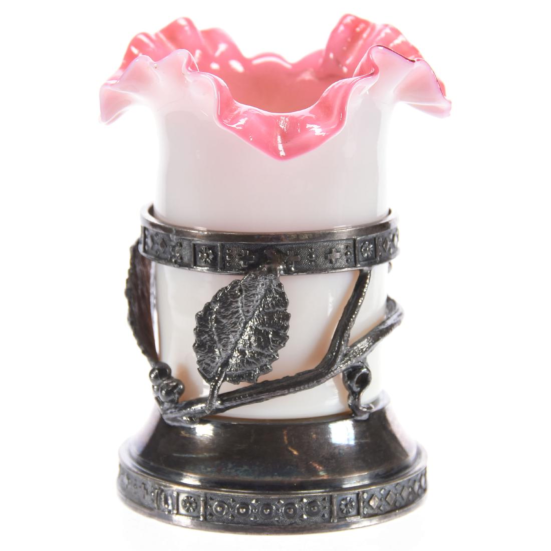 Victorian Art Glass Toothpick Holder: Victorian Art Glass Toothpick Holder, 3.75", Cased Insert Has Pink Interior, White Exterior, Set on Barbour Silverplate Frame