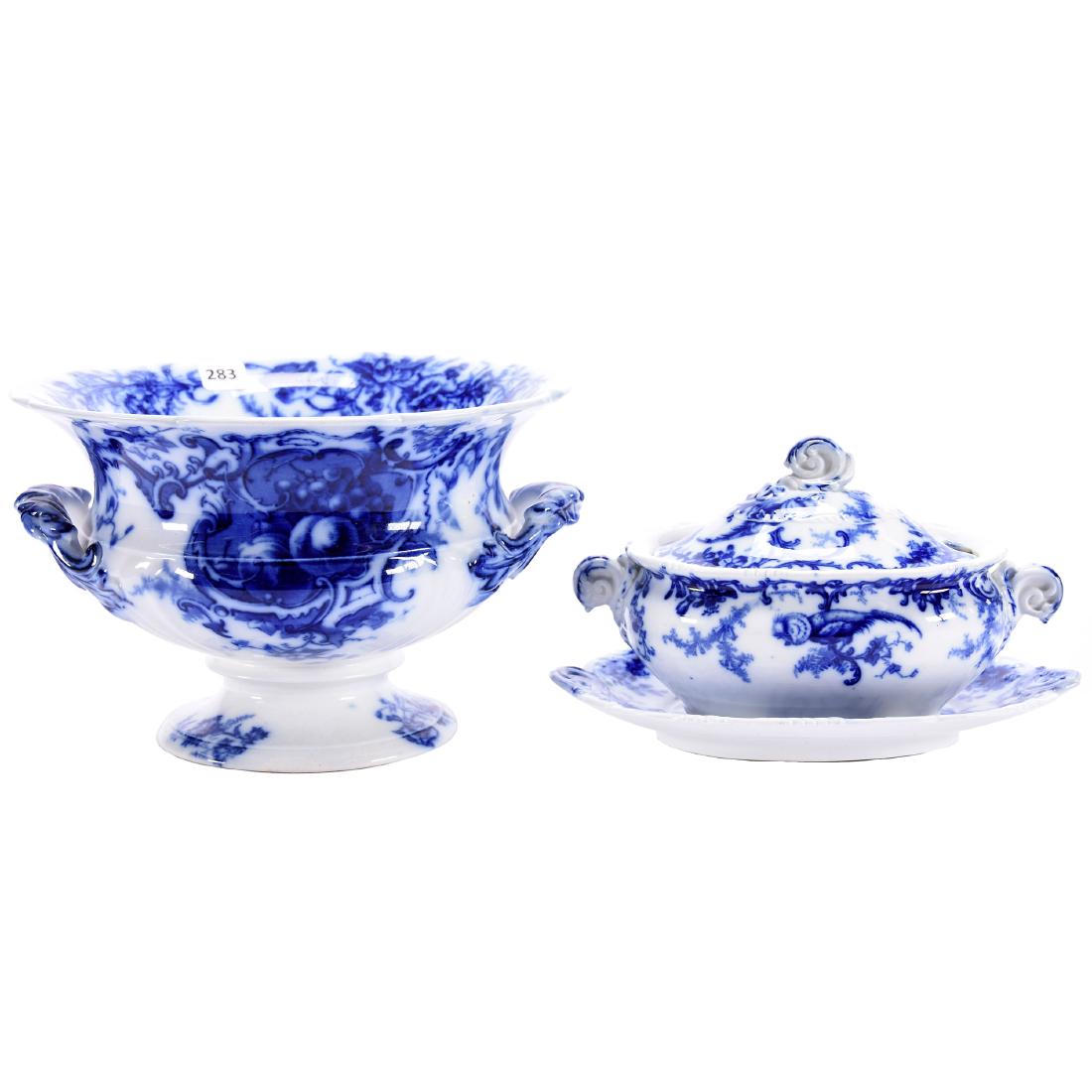 (2) Flow Blue Items: (2) Flow Blue Items; (1) 6.25" X 9.5" Pedestal Urn, Abbotsford by Cauldon, Fruit Decor; (1) 5.5" X 9" Covered Tureen with Underplate, Chicago Pattern by Cauldon