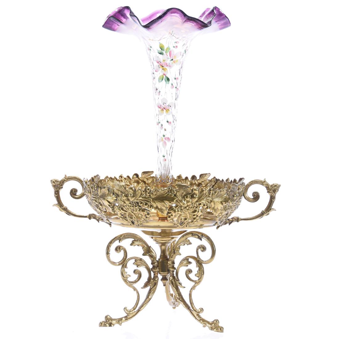 Unusual Victorian Art Glass Center Epergne: Unusual Victorian Art Glass Center Epergne, 15", Removeable Lavender Opalescent to Clear Trumpet Vase with Enamel Floral Decor, Set on A Three Footed Brass Base with Embossed Bird and Branch Decor