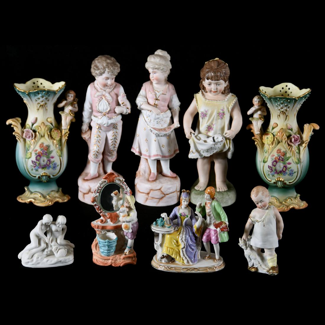 (7) Assorted Bisque & Porcelain Figurines: (7) Assorted Bisque and Porcelain Figurines, Three Are 11.5" Bisque Figurines of Children; (1) 7" Group, Boy and Dog with Mirror; (1) 6.5" Boy Holding Doll; (1) 4" Parian, Two Women and Swan; (1) Porc