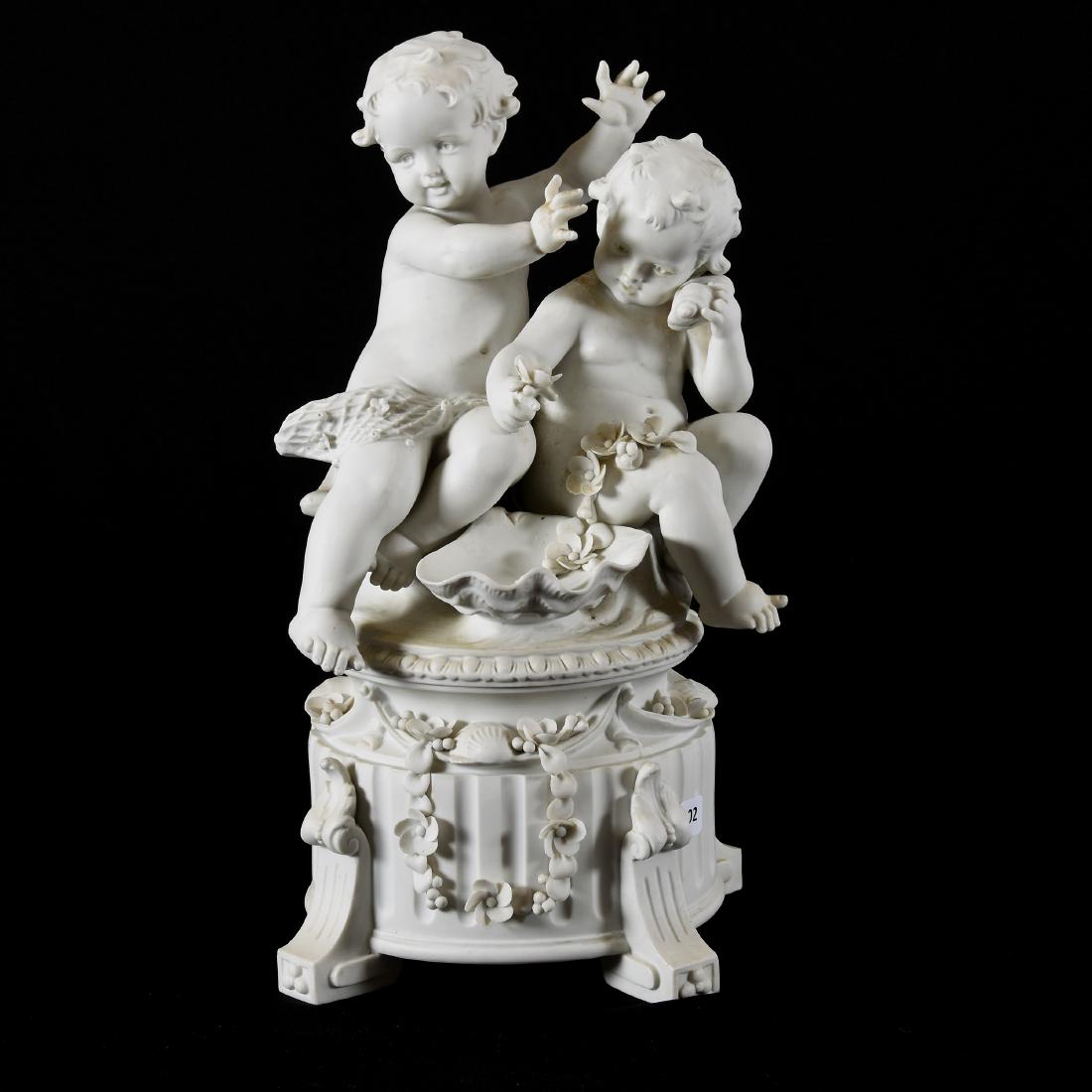 Parian Bisque Figural Group: Parian Bisque Figural Group, 16", Features Two Cherubs on Top of Pedestal, Intended to Be Used for Lamp Base