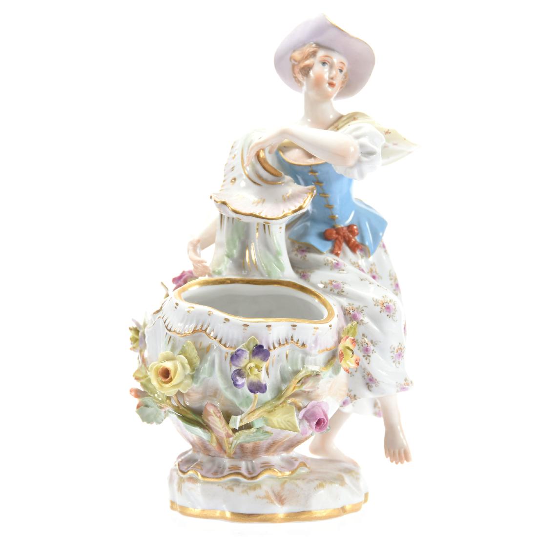 Marked Meissen Figurine: Marked Meissen Figurine, 5.5" Young Woman Sitting Near Fountain Model #2025, Some Petal Loss to Applied Flowers
