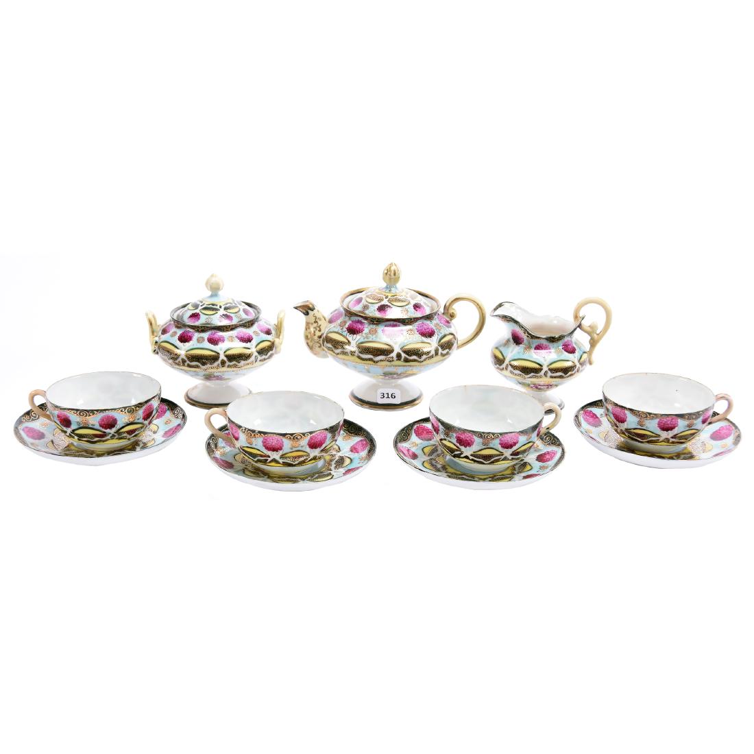 (11) Piece Tea Set Marked Nippon: (11) Piece Tea Set Marked Nippon, 5.5" Pedestal Pot, Pale Blue, Green and Yellow Tones, Pink Floral Decor, Matching Creamer & Sugar; (4) Cups and Saucers