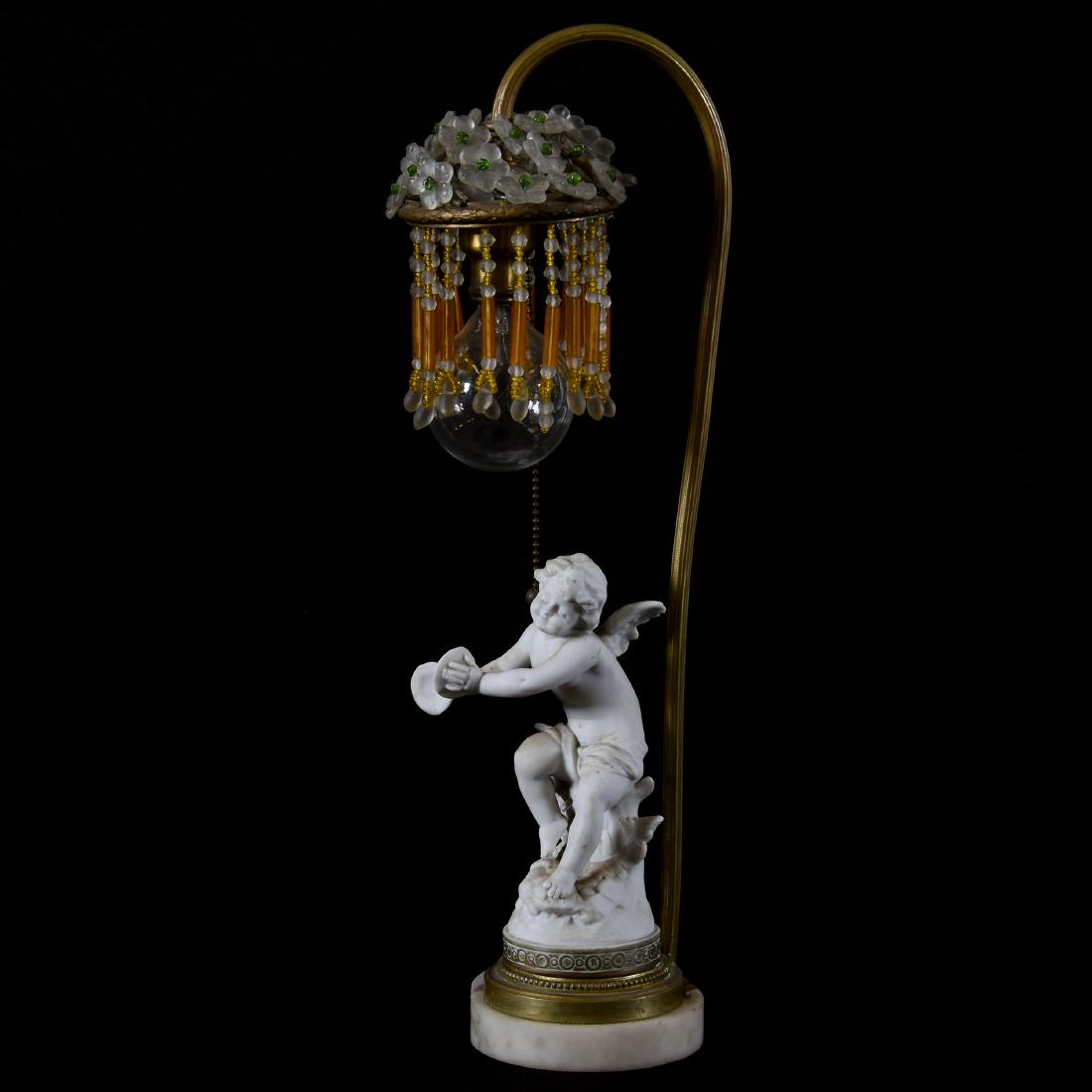 Parian Bisque Desk Lamp: Parian Bisque Desk Lamp, 13.5" Figure of Winged Cherub Playing Cymbals, Electrified Single Bulb, Beaded Glass Shade