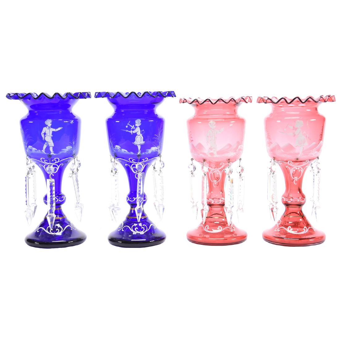 (2) Pair Modern Mary Gregory Art Glass Lustres: (2) Pair Modern Mary Gregory Art Glass Lustres; (1) 12" Set, Cobalt Blue with White Scenic Decor, Some Nicks on Prisms; (1) 11.5" Set, Cranberry with White Scenic Decor, One Lustre Has Crack at Ruffle