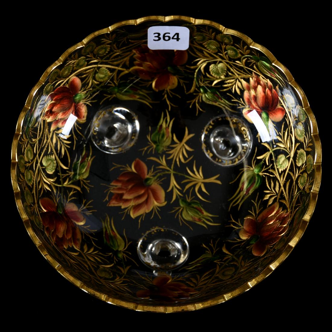 Three Footed Art Glass Bowl: Three Footed Art Glass Bowl, 2.5" X 6.25", Clear Glass with Engraved Rose Decor, Beautiful Colored Highlights, Backing Covered in Gold