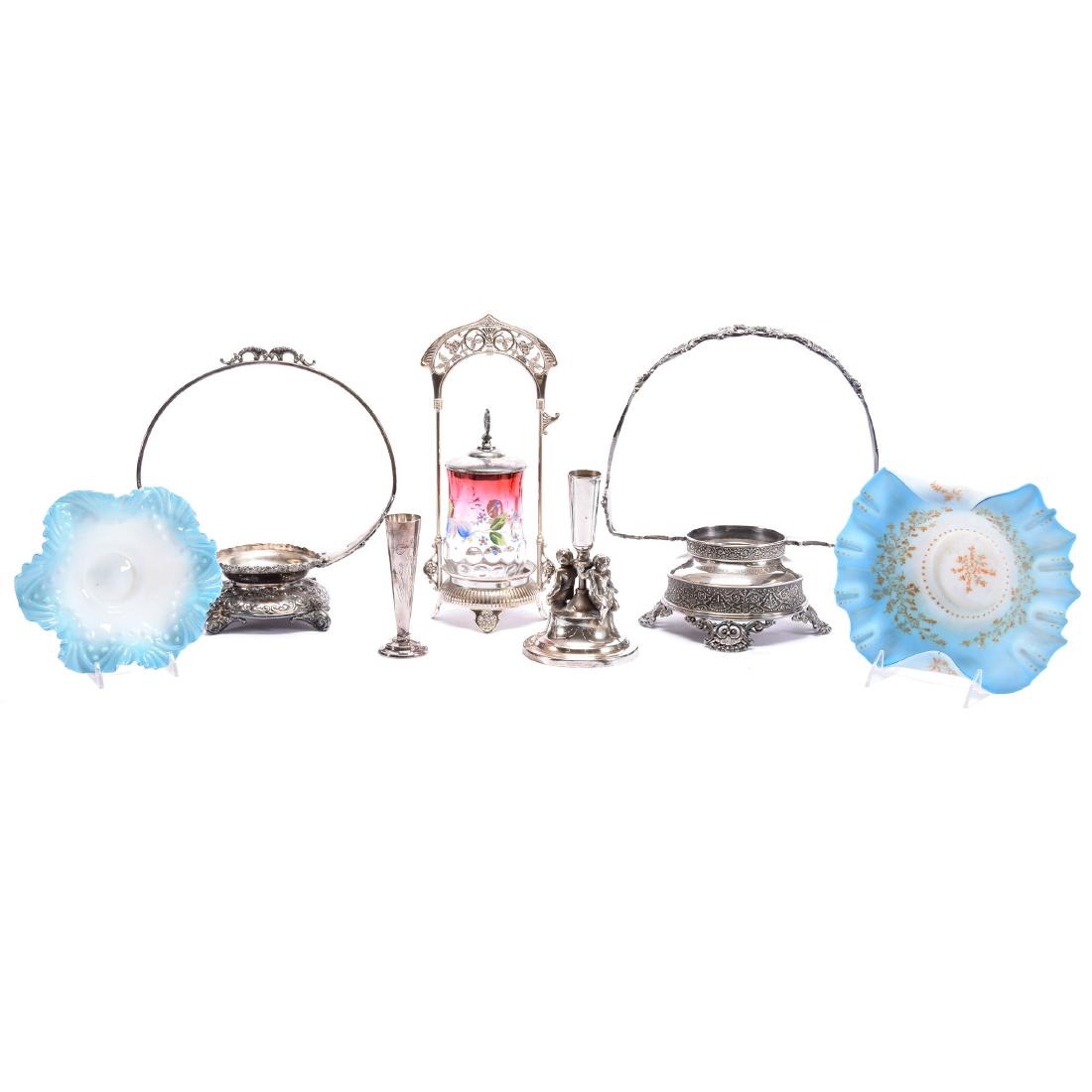 (7) Art Glass & Silverplate Items: (7) Art Glass and Silverplate Items; (1) 12" Pickle Castor with Rubina Coinspot Insert, Insert Does Not Fit Properly; (1) 12" X 10.5 Silverplate Brides Basket Frame Marked Queen City #1734; (1) 8.5" B