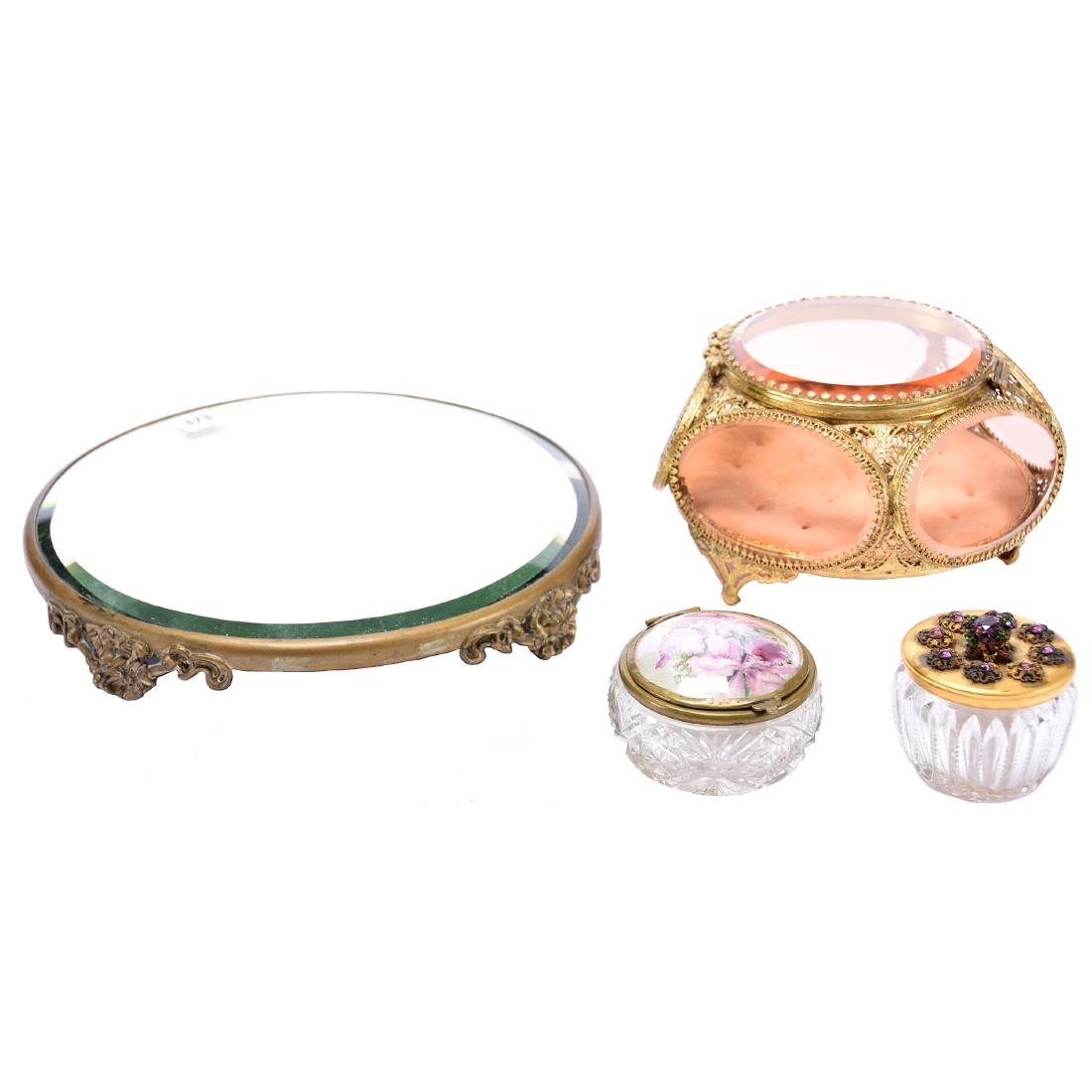 (4) Assorted Items: (4) Assorted Items; (2) Covered Cut Glass Boxes with Metal Lids; (1) 10" Beveled Mirror Plateau; (1) Beveled Glass and Gilt Metal Jewel Box
