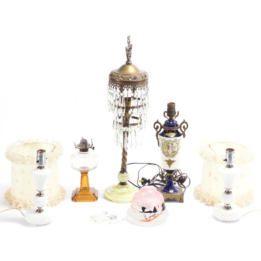 Assorted Lighting Devices: Assorted Lighting Devices; (1) 22" Brass and Yellow Onyx Lamp, Electrified, Three Tiers of Prisms; (1) 15" Cobalt Blue with Courting Scene Table Lamp, Electrified, Pair 10.5" Milk Glass Hobnail Boudoi