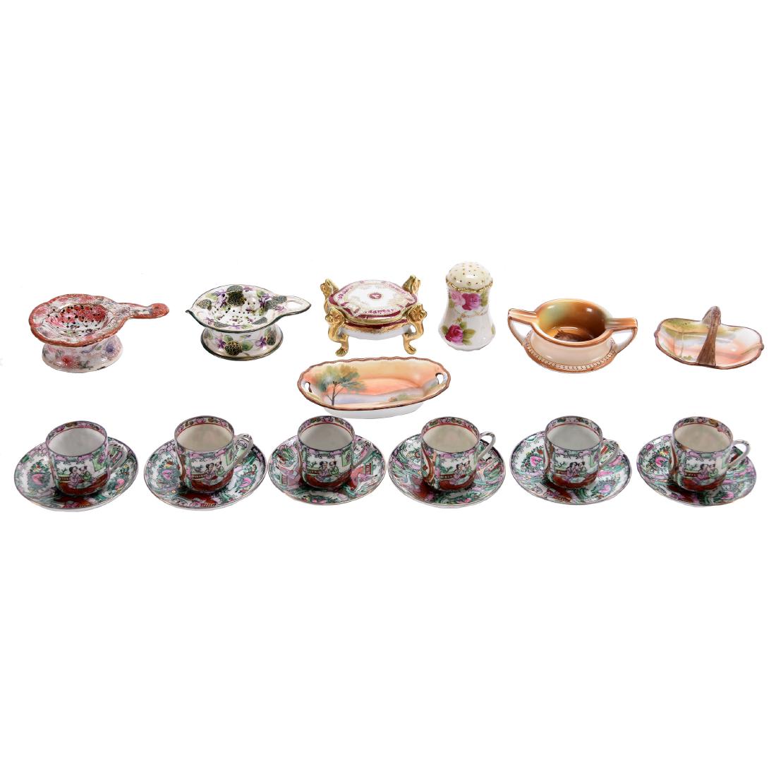 (15+) Assorted Glass & China Items: Assortment of Over; (15) Glass & China Items; (6) Matching Oriental Cups & Saucers, Noritake Ashtray with Horse Head Decor, Marked Nippon Oriental Scene Tea Strainers, Nippon Covered Box, and More, Se