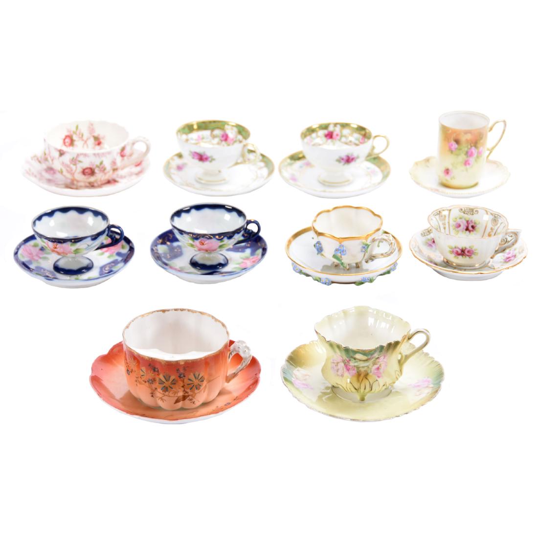 (10) Assorted Cups & Saucers: Assortment of; (10) Cups & Saucers, Marked Meissen; (Few Leaf Chips), Nippon, Copeland Spode, R.S. Prussia, and More, See Photos for Details