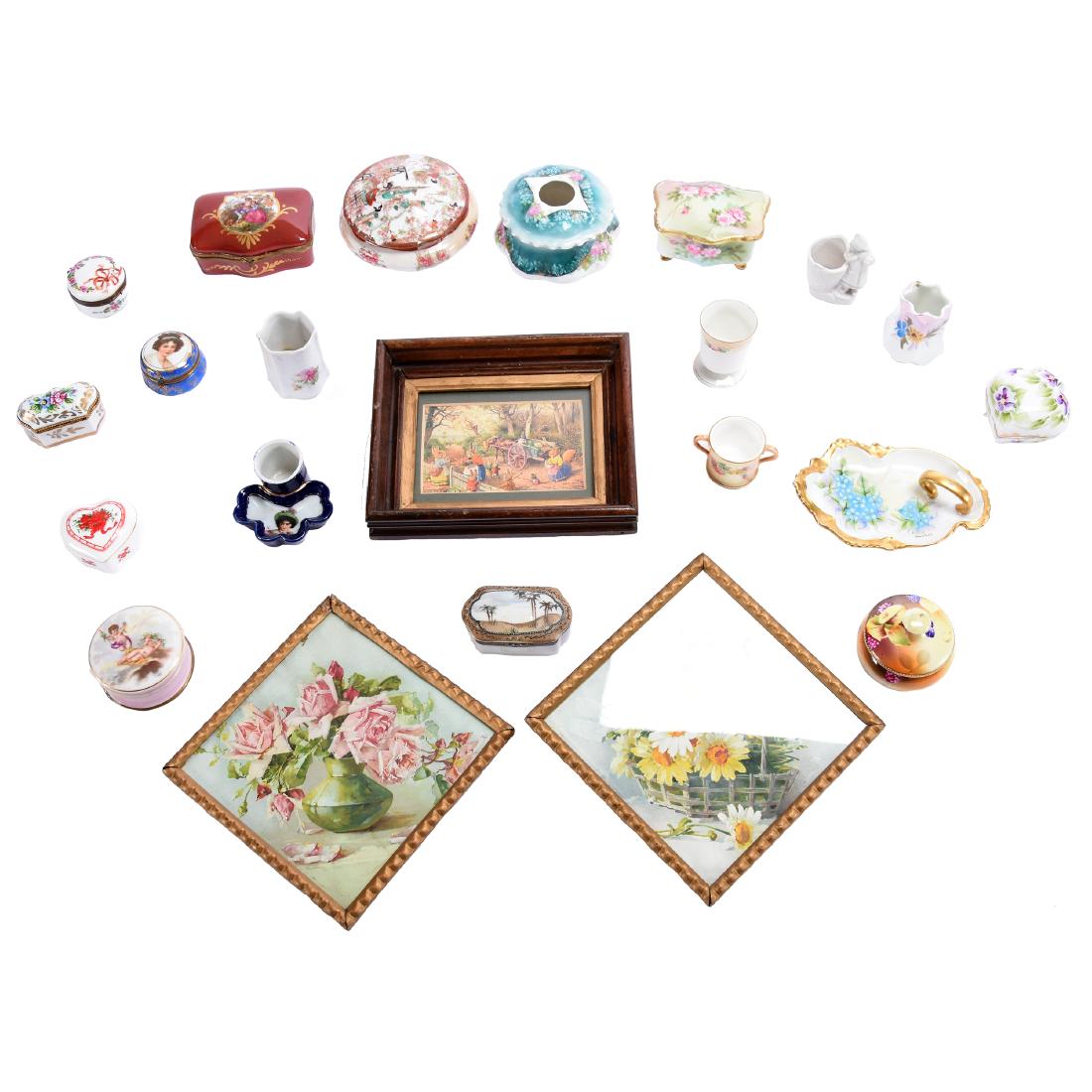 (20) Assorted Items: Assortment of Over; (20) Items, Numerous Pill Boxes Such as Nippon, French, Hair Receivers, Toothpick Holders, Framed Pictures, See Photos for Details