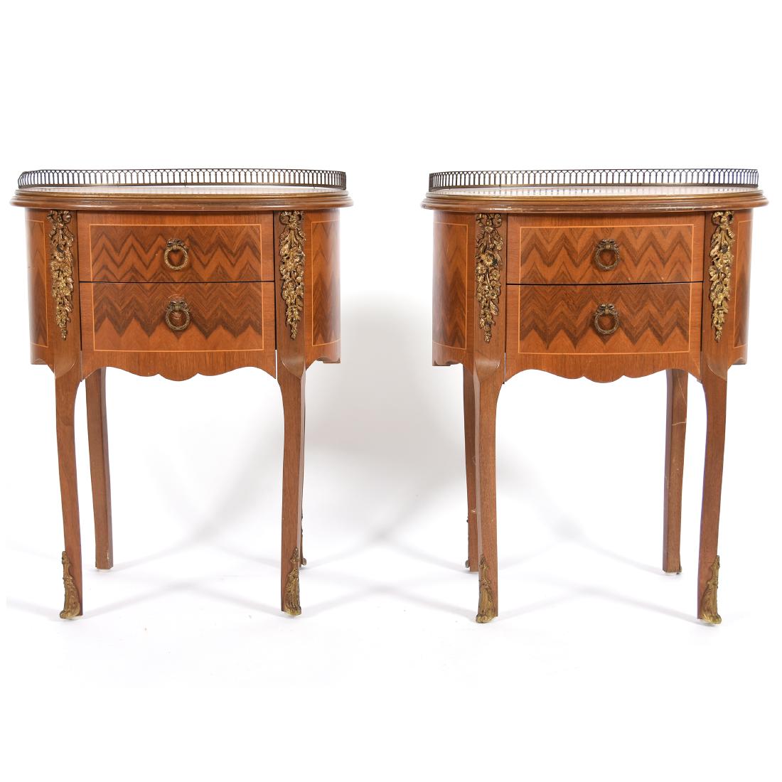 Pair Inlaid Oval End Tables: Pair Inlaid Oval End Tables, 25" X 20", Each with Two Drawers and Gilt Metal Fittings