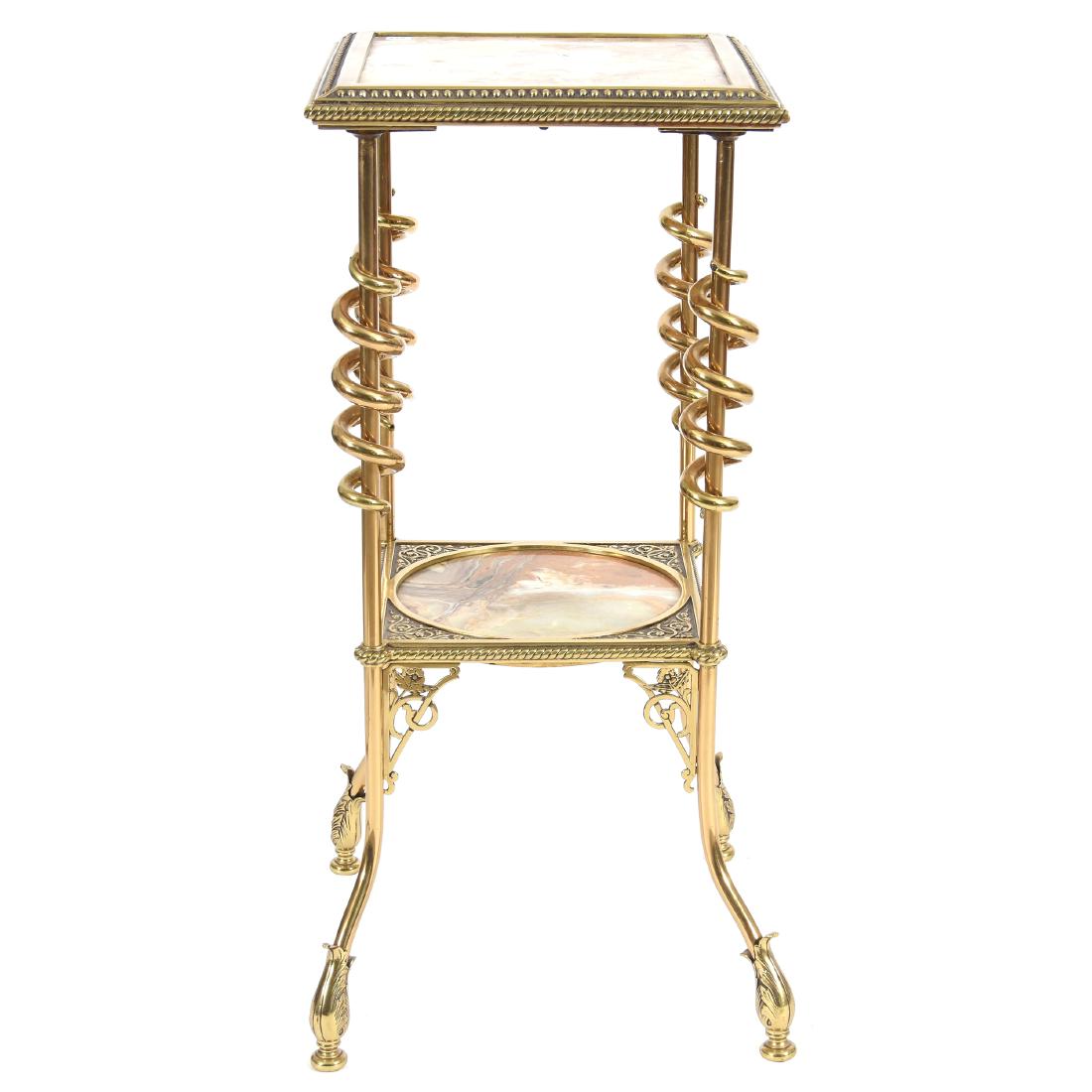 Brass & Marble Two Tier Fern Stand: Brass & Marble Two Tier Fern Stand, 33" X 15", Spiral Columns, Very Sturdy and Heavy, Both Tiers Have Inset Marble