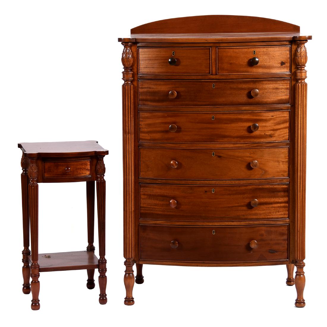 Seven Piece Matching Bedroom Set: Seven Piece Matching Bedroom Set, Full-Size Bed with Pineapple Finials, 60"; 58" X 43" Vanity with Tri-Fold Mirror; 54.5" X 34.5" Seven Drawer Chest; 30" X 16" Nightstand; Matching Bench, Chair and Ro