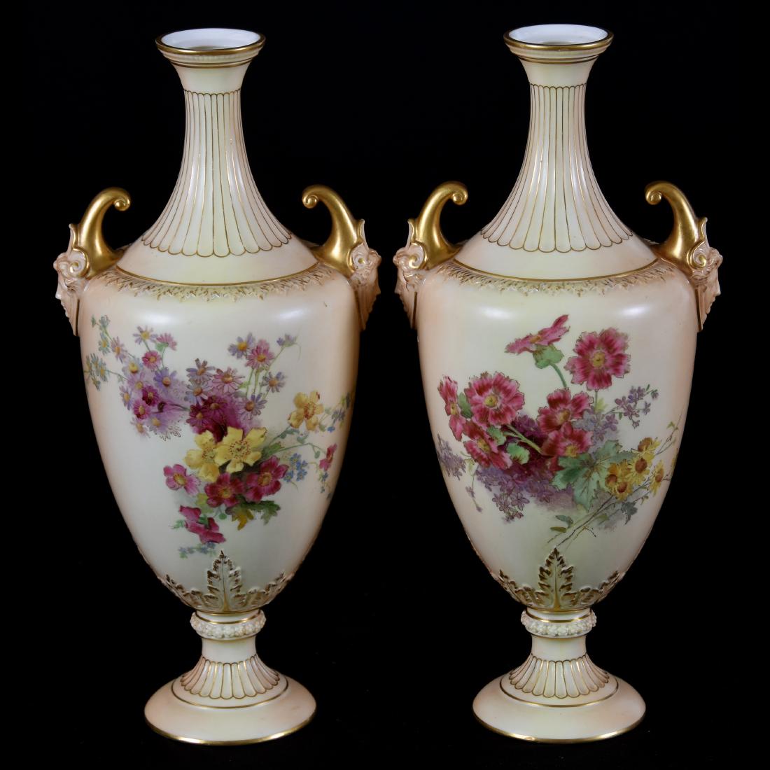 Pair Pedestal Vases Marked Royal Worcester, 13": Pair Pedestal Vases Marked Royal Worcester, 13" Model #1911, Two Handled, Mixed Floral Decor with Pink and Yellow Blossoms, Gold Trim