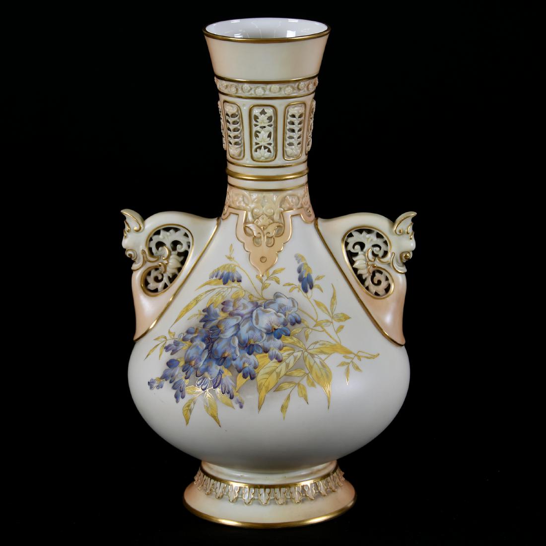 Two Handled Vase Marked Royal Worcester, 14.5": Two Handled Vase Marked Royal Worcester, 14.5" Model #1279, Blue Floral Decor with Gold Highlights and Trim, Reticulated Neck and Handles, Very Nice