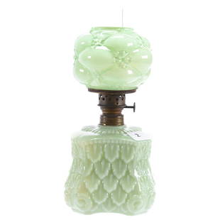 Miniature Kerosene Lamp, Pale Green Opaque: Miniature Kerosene Lamp, 7.75" Pale Green Opaque, Square Leaf and Shell Base with Cased Quilted & Blossom Shade