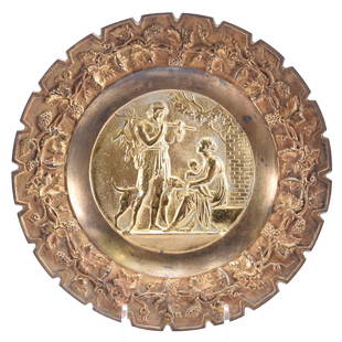 Brass Wall Plaque, Marked Bradley & Hubbard,: Brass Wall Plaque Marked Bradley & Hubbard, 8.25" Round, Neoclassical Embossed Scene of Woman, Man, and Dog, Embossed Vintage Border, Model #1809 and #3556