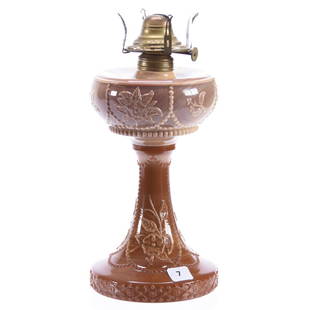 Kerosene Lamp, Chocolate Glass, Wild Rose & Festoon: Chocolate Glass Wild Rose & Festoon Kerosene Lamp, Font Is Chocolate Glass, Excellent Quality, 10" to Font