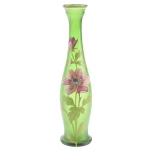 Vase, Enameled Green, Poppy Scene: Heavily Enameled Green Art Glass Vase, 11.5" Poppy Decor