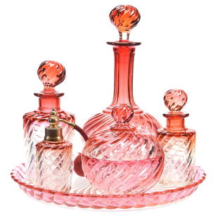 (6) Assorted Items, Baccarat, Rose Tiente Swirl Pattern: (6) Baccarat Rose Tiente Swirl Pattern Items; (1) 10" Decanter; (1) 11.25" Round Tray; (1) 7" Cologne Bottle; (1) 5.5" Perfume Bottle; (1) 5" Round Covered Box; (1) 4.5" Atomizer