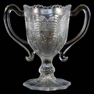Loving Cup, Fenton, Carnival Glass, Orange Tree Pattern: Carnival Glass Loving Cup by Fenton 6" Orange Tree Pattern, White, Factory Separation on Rim Near One Handle