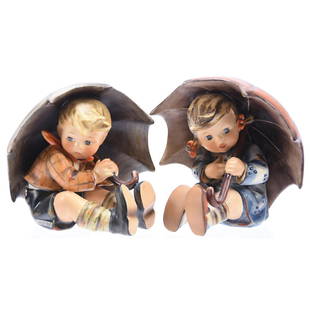 Pair Figurines, Hummel, Umbrella Boy & Girl: Pair Hummel Figurines, Umbrella Boy & Girl, 5" #152/0 A & B, Mark #4