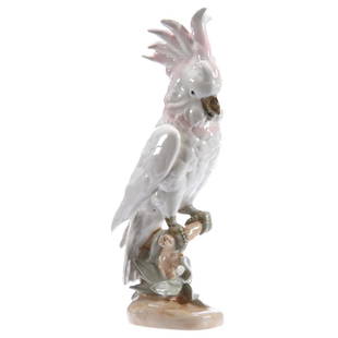 Royal Dux Cockatoo Figurine, 15.75": Royal Dux Cockatoo Figurine, 15.75" Full Figure Cockatoo on Perch, Pink Triangle and Stamp Mark