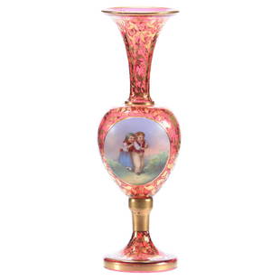 Pedestal Vase, Bohemian Art Glass, Children Scene,: Bohemian Cranberry Art Glass Pedestal Vase, 7.75" Vase Has Porcelain Medallion with Scene of Two Children in Field, Extensive Gold Highlights