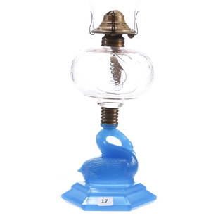 Kerosene Lamp, Figural Swan: Figural Swan Kerosene Lamp 11" Blue Opaque Six-Sided Base, Clear Font with Embossed Swan Decor