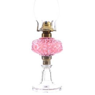 Kerosene Lamp, Cranberry Opalescent Snowflake: Cranberry Opalescent Snowflake Kerosene Lamp, 9" Square Font with Clear Petticoat Foot