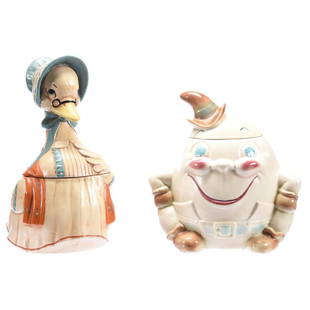 (2) Cookie Jars, Nursery Rhyme Scenes: (2) Nursery Rhyme Cookie Jars; (1) 11" Humpty Dumpty by Brush McCoy, Interior Rim Chip on Base; (1) 13" Mother Goose Marked Twin Winton, Dated 1962, Small Surface Paint Chip on Base Rim; UPDATED,