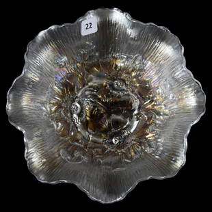 Bowl, Northwood, Carnival Glass, Poppy Show Pattern: Carnival Glass Bowl by Northwood, 8.5" Poppy Show Pattern, White