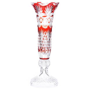 Vase, European, Cranberry to Clear: European Cranberry Cut to Clear Vase, 16.25" Diamond Band, Punte and Swirl Design, Age Unknown