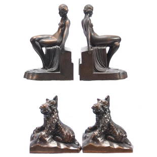 (2) Pair Figural Metal Bookends: (2) Pair Figural Metal Bookends Pair 7" Art Deco Nudes, Pair 5" Scottie Dogs