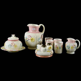 (8) Items, Milk Glass, Cosmos Pattern: (8) Pieces Cosmos Pattern Milk Glass Items; (1) 8.75" Water Pitcher with; (4) Tumblers; (1) Covered Butter Dish; (1) Creamer; (1) Complete Condiment Set, All with Colorful Highlights, Nice Grouping