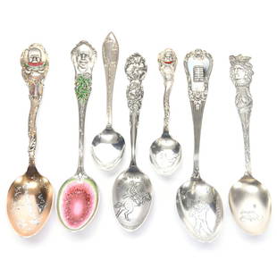 (7) Souvenir Spoons, Sterling Silver: (7) Sterling Silver Souvenir Spoons; (4) Black Memorabilia with Enamel Highlights; (2) Indian Related; (1) Bronc Rider, See Photos for Details