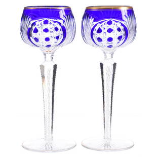 (2) Rhine Wines, Val St. Lambert, Blue to Clear: (2) Blue Cut to Clear Rhine Wines, 7.75" Attributed to Val St. Lambert, Vesica, Cane, Strawberry Diamond and Fan Motif, Notched Air Twist Stem, Ray Cut Foot