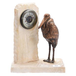 Figural Stork Barometer: Figural Vintage Barometer, 7.75" X 6.25" White Marble with Inset Barometer Mounted by Metal Copper Color Stork