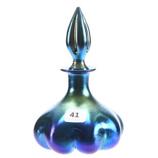 Perfume Bottle, Steuben, Blue Aurene Art Glass: Steuben Blue Aurene Art Glass Perfume Bottle, 6" Matching Stopper with Long Dauber, Marked "Aurene 1455"